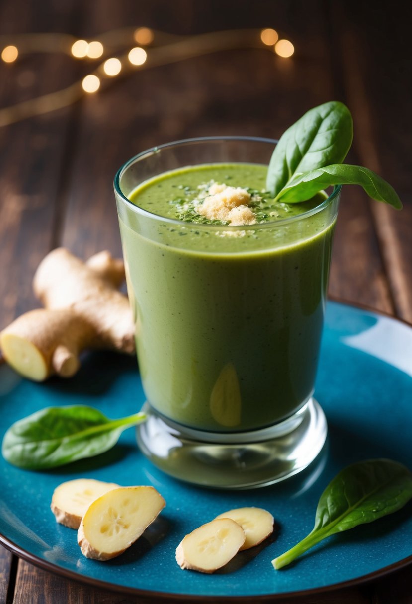 A blender filled with spinach, ginger, and other ingredients. A glass filled with a green smoothie, with a few spinach leaves and ginger slices as garnish