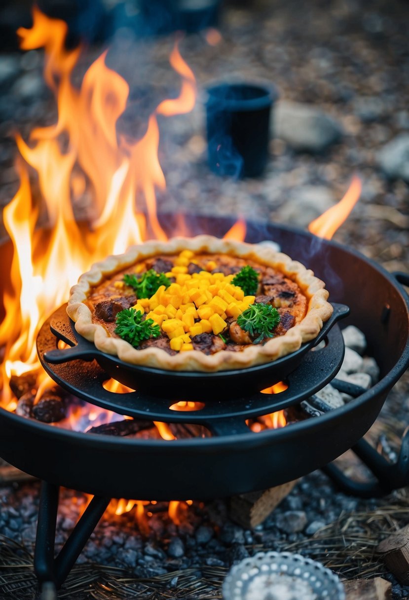 A cozy campfire with a cast iron pudgy pie maker filled with delicious dinner ingredients