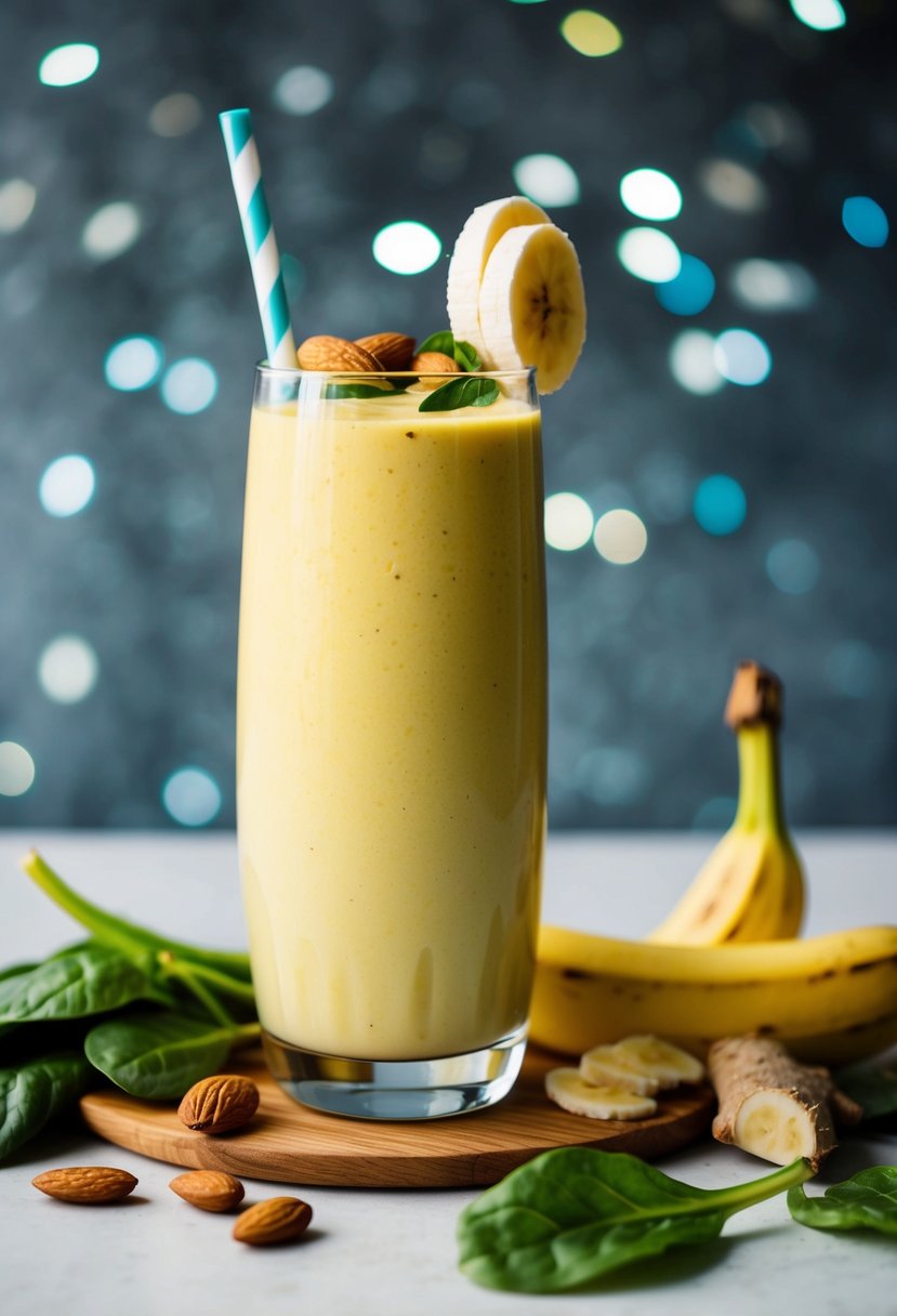 A glass filled with a creamy yellow smoothie, topped with sliced almonds and a banana, surrounded by fresh ingredients like spinach and ginger