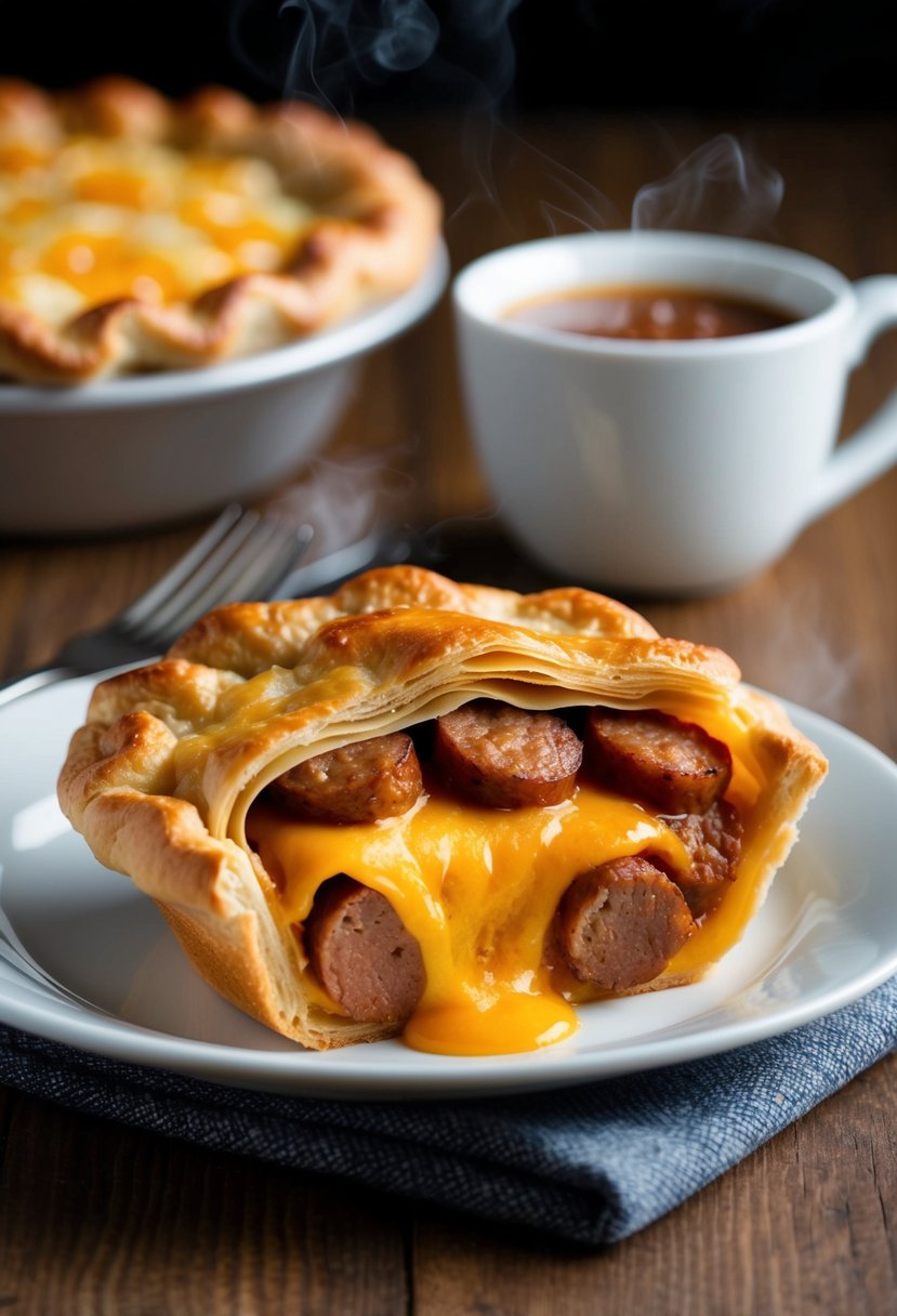 A golden, flaky pudgy pie filled with gooey melted cheese and savory sausage, steaming hot and ready for dinner