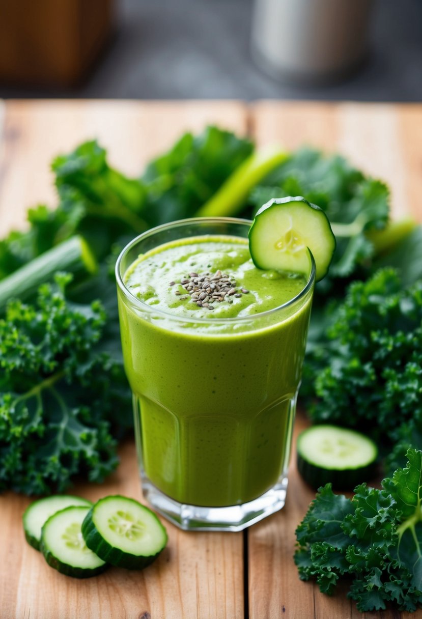 A glass filled with a vibrant green smoothie surrounded by fresh kale leaves and cucumber slices