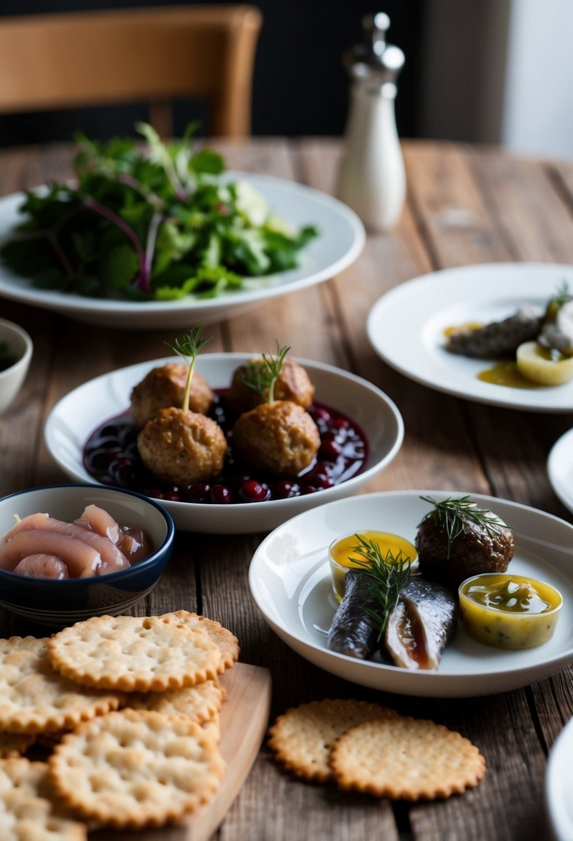 A table set with traditional Swedish dishes like meatballs, lingonberry sauce, pickled herring, and crispbread