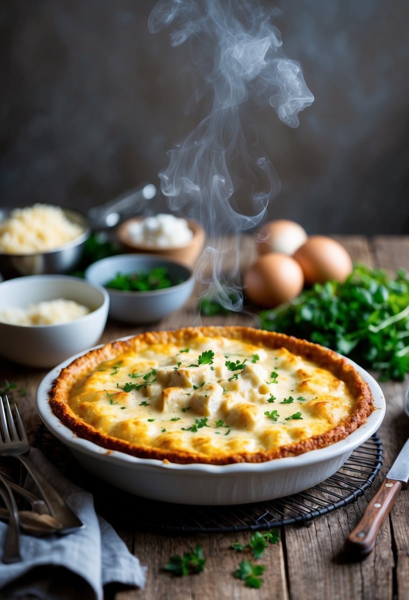 A steaming Chicken Alfredo Pudgy Pie sits on a rustic dinner table, surrounded by ingredients and utensils