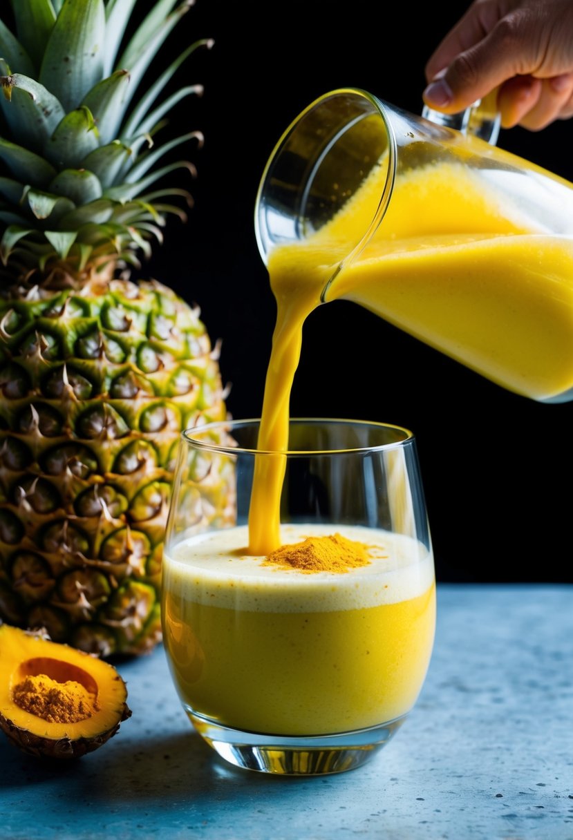 A vibrant yellow smoothie being poured into a glass, with pineapple and turmeric garnish on the side