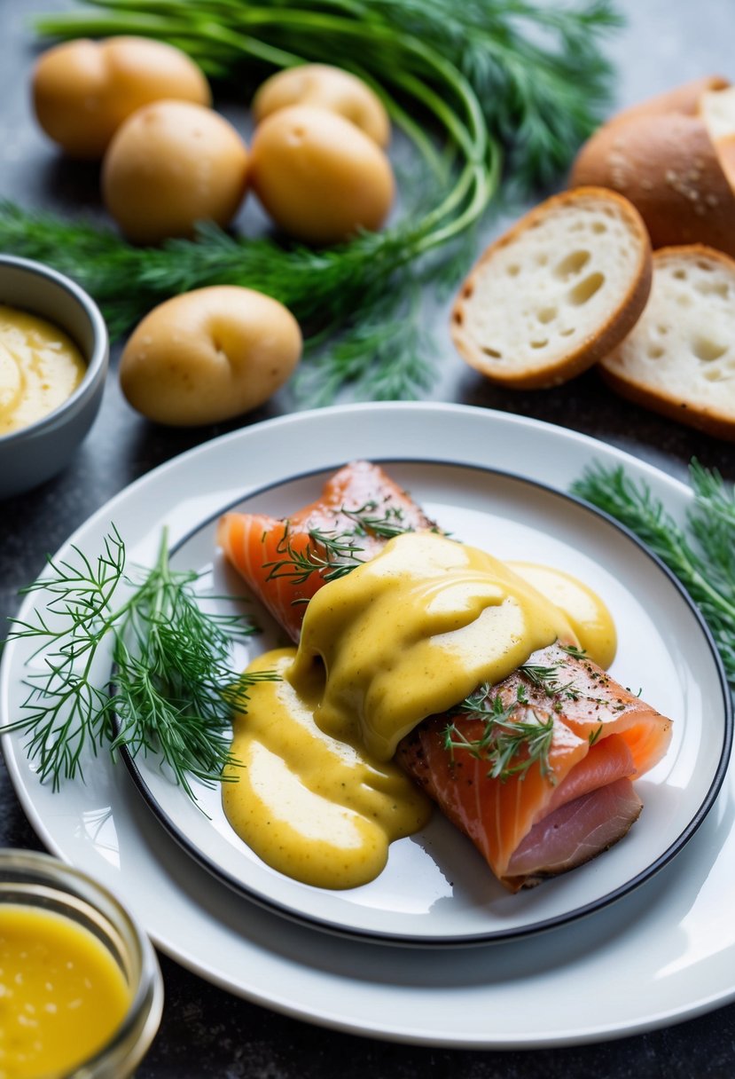 A plate of gravlax with mustard sauce, surrounded by traditional Swedish ingredients like dill, potatoes, and rye bread