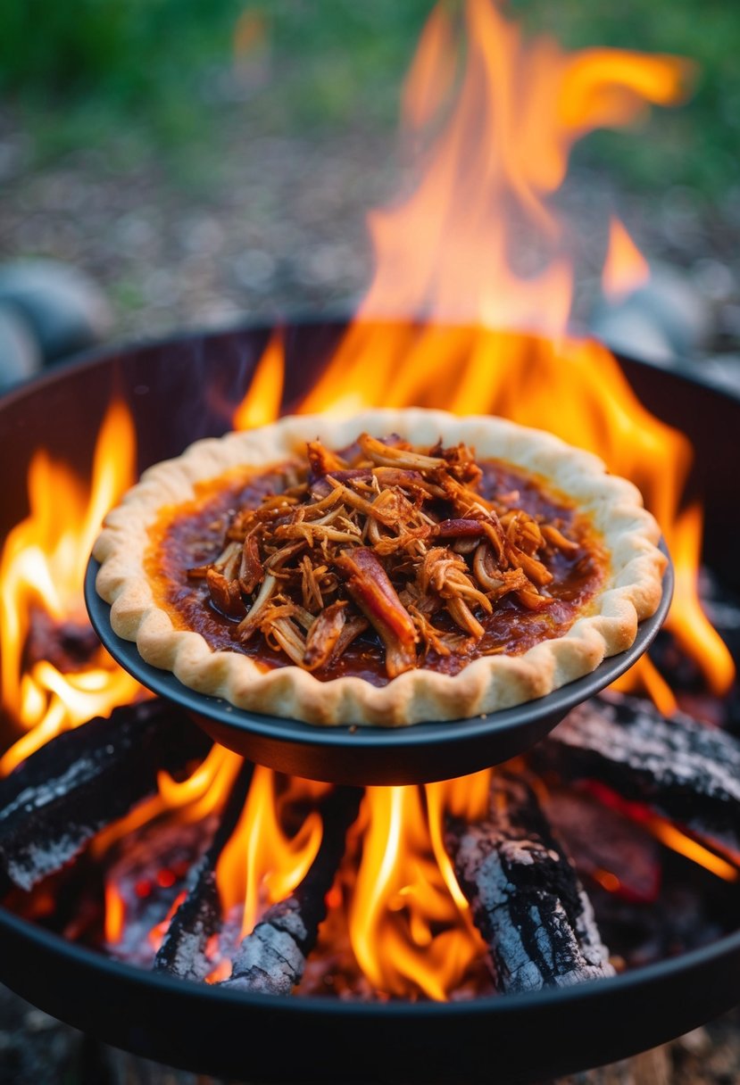 A pudgy pie filled with BBQ pulled pork sizzling over a campfire