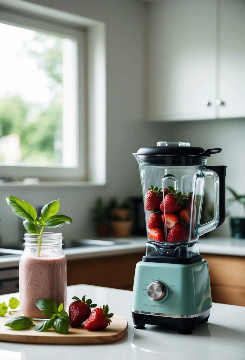 A serene kitchen counter with fresh strawberries, basil leaves, and a blender ready to create a soothing migraine smoothie