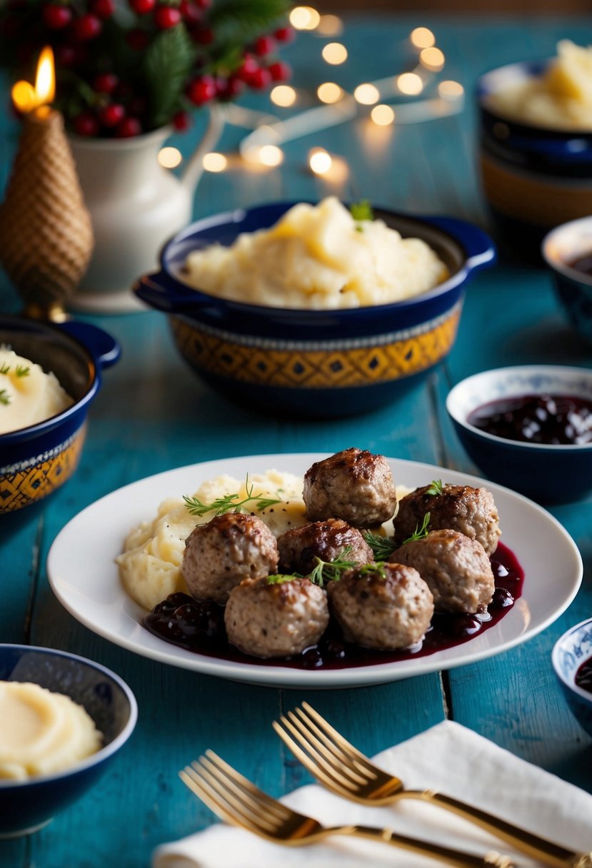 A table set with a platter of Swedish meatballs, lingonberry sauce, and mashed potatoes, surrounded by traditional Swedish decor