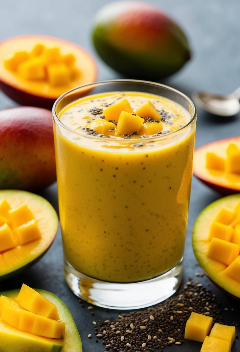 A glass filled with a vibrant yellow mango chia smoothie surrounded by fresh mango slices and chia seeds