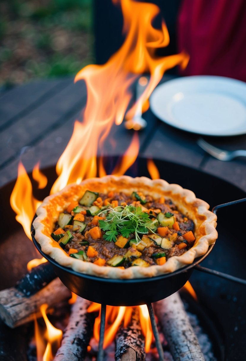 A campfire pudgy pie maker filled with veggie delight filling, sizzling over the flames at a cozy outdoor dinner