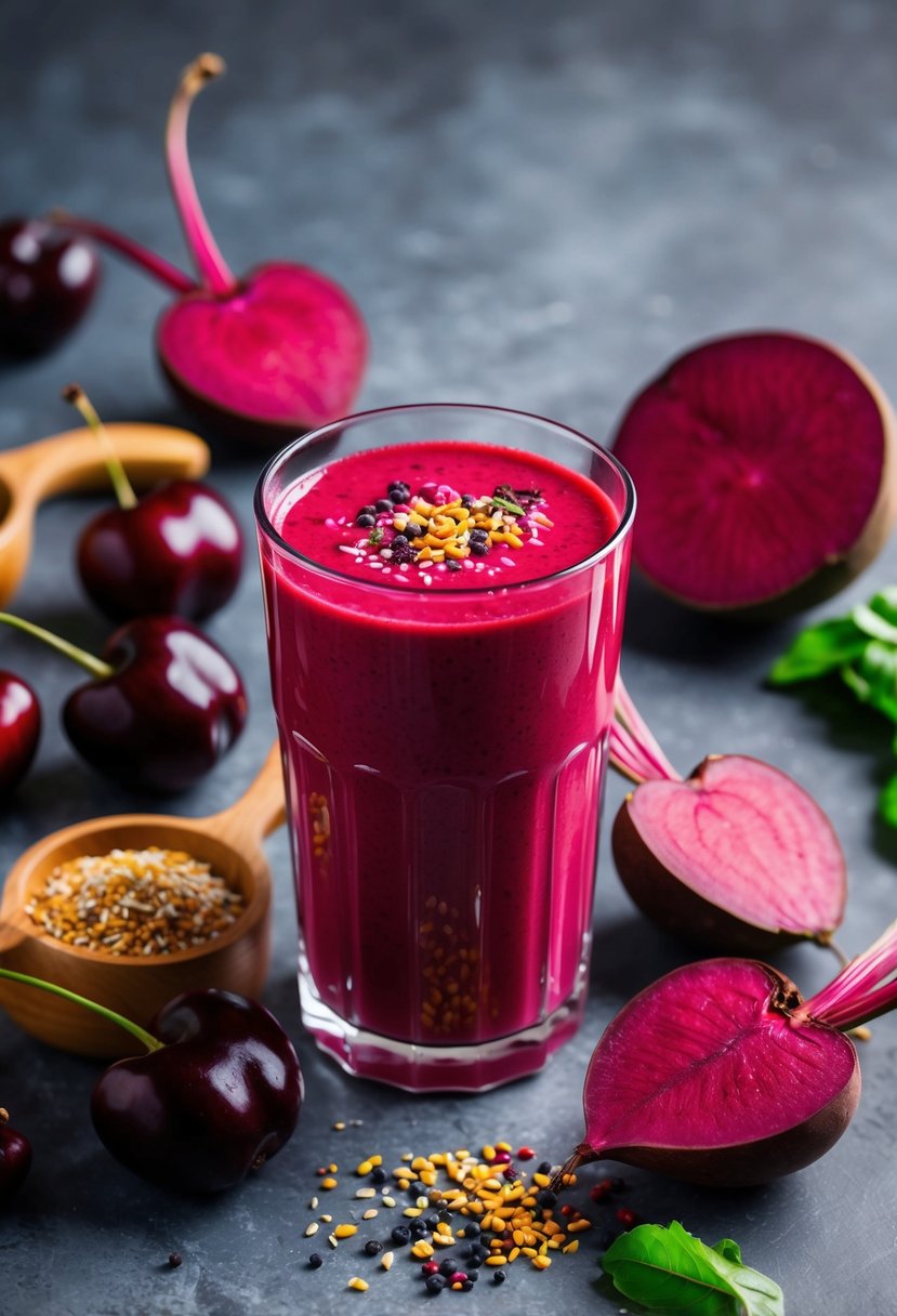 A glass filled with a vibrant red cherry beet smoothie surrounded by fresh cherries and beets, with a sprinkle of antioxidant-rich ingredients on the side