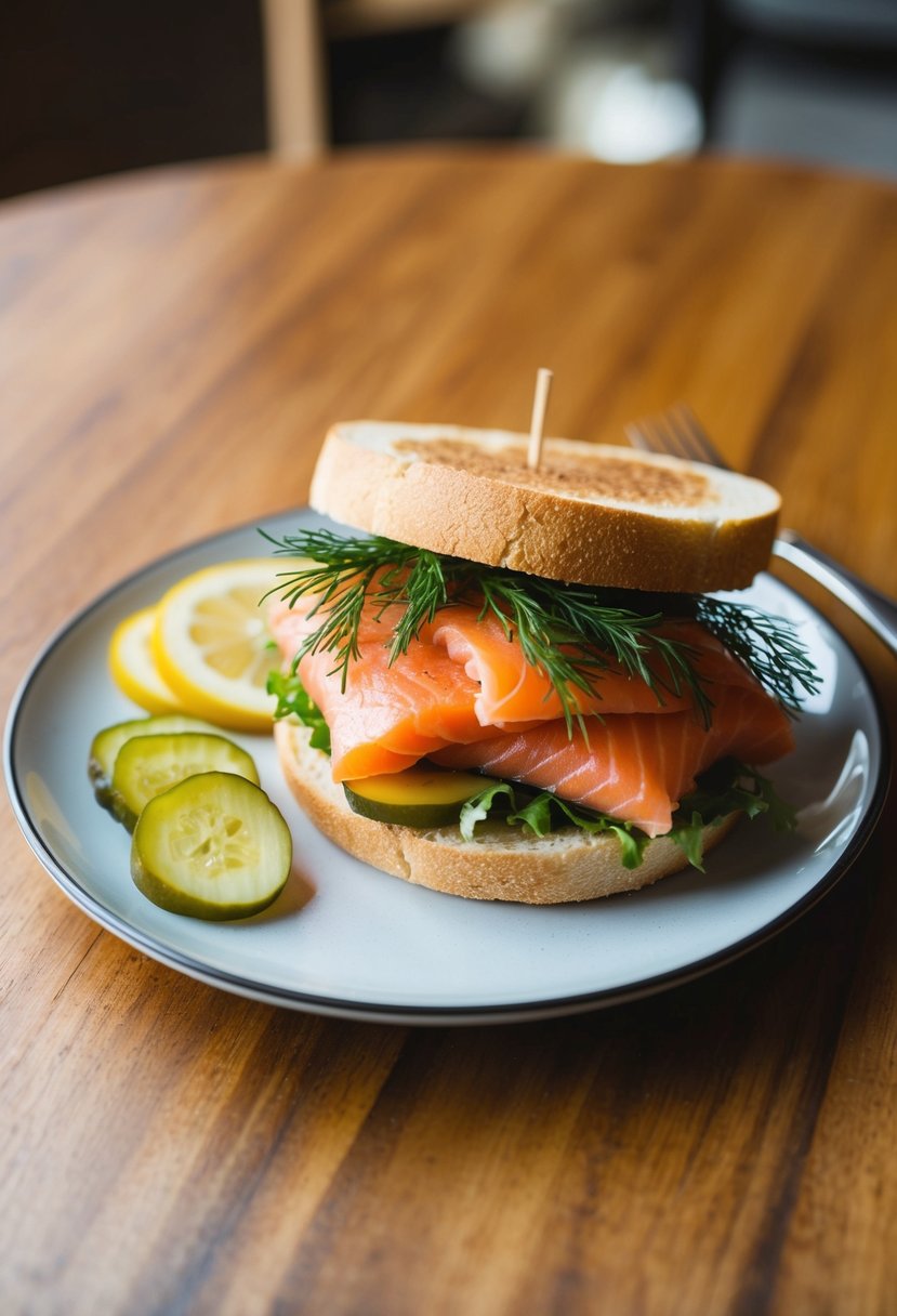 A plate with a smoked salmon sandwich, garnished with dill and accompanied by a side of pickles and a slice of lemon, sits on a wooden table