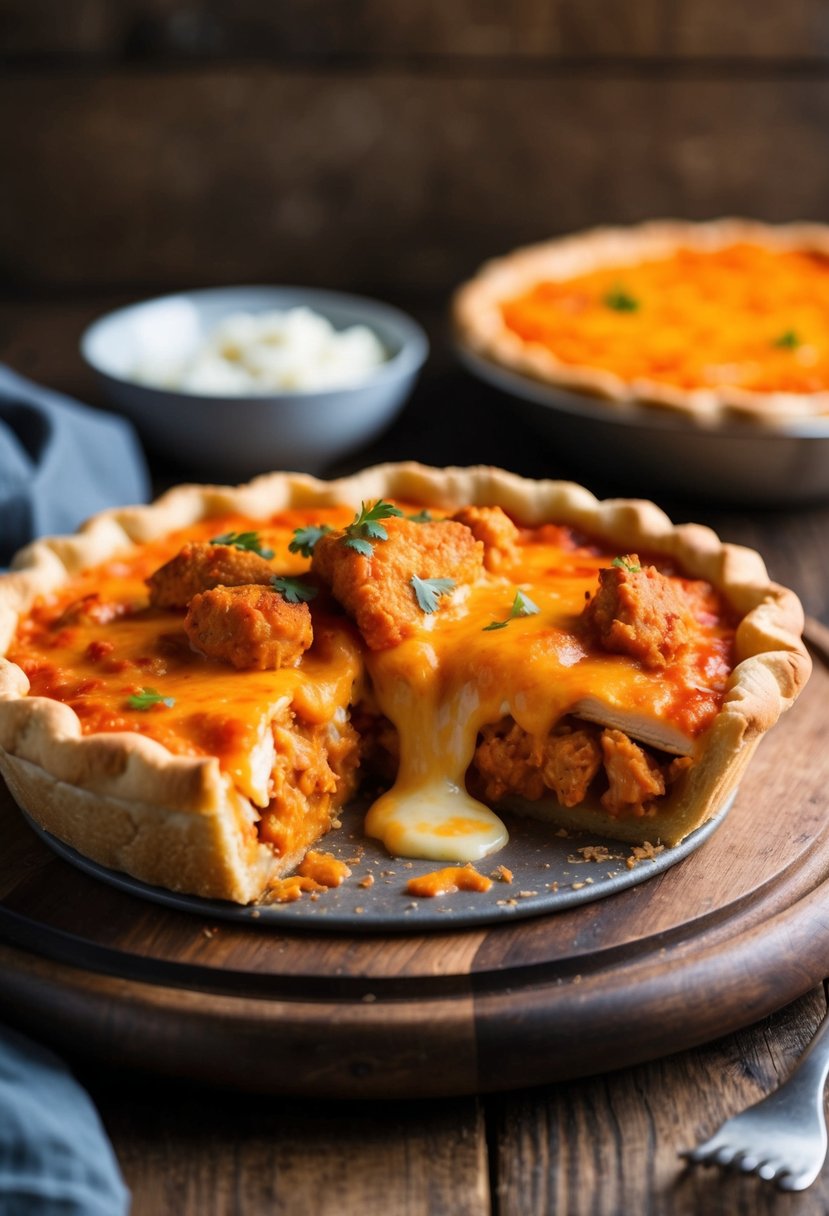 A sizzling pudgy pie filled with buffalo chicken, bubbling cheese, and spicy sauce, served on a rustic wooden platter