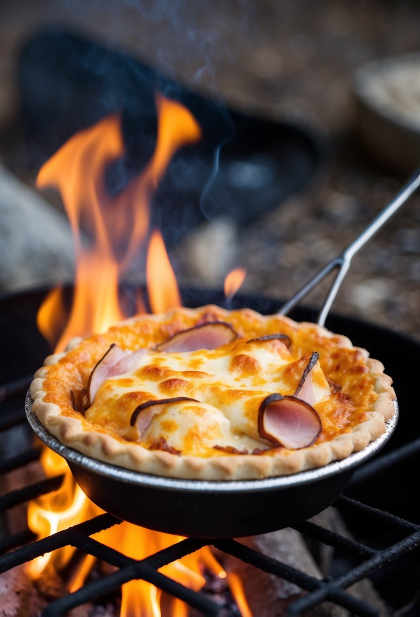 A pudgy pie filled with ham and Swiss cheese sizzling on a campfire grill