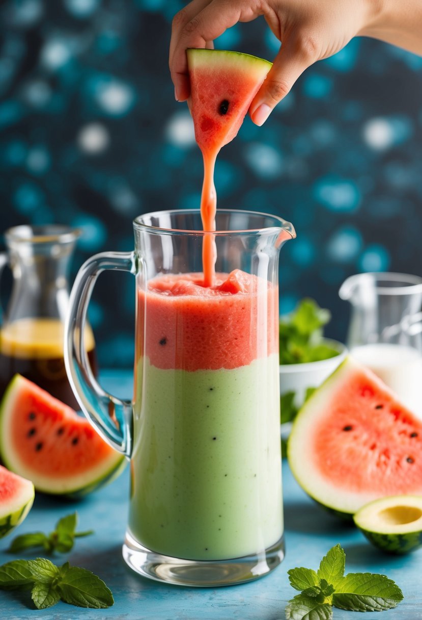 A refreshing watermelon mint cooler smoothie being blended in a glass pitcher with fresh ingredients surrounding it