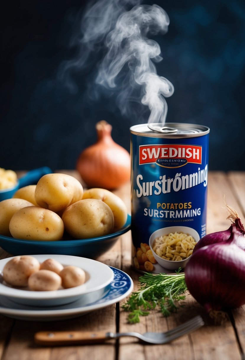 A table set with traditional Swedish ingredients: potatoes, onions, and a can of surströmming, emitting a pungent odor