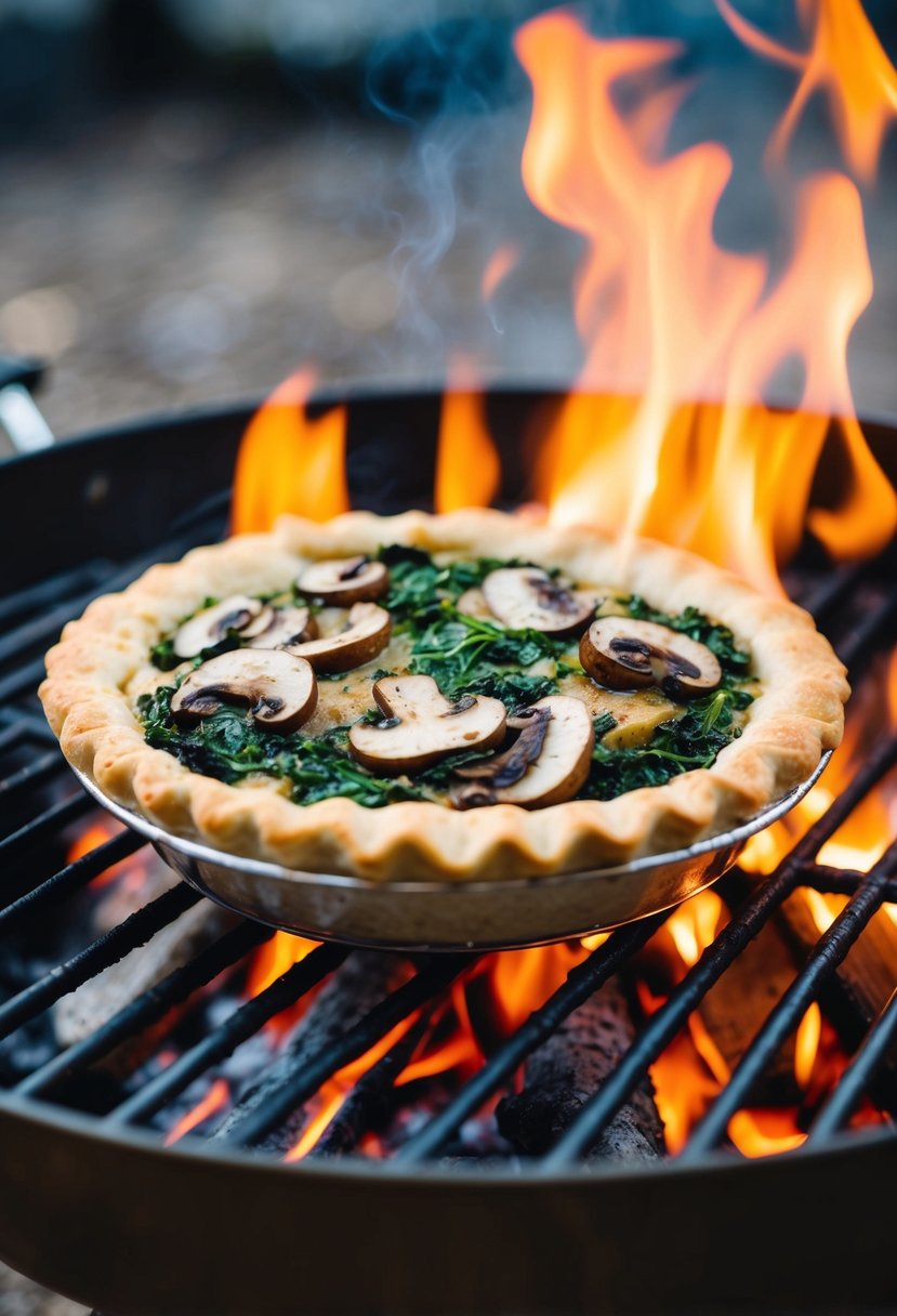 A steaming pudgy pie filled with mushrooms and spinach, sizzling on a campfire grill