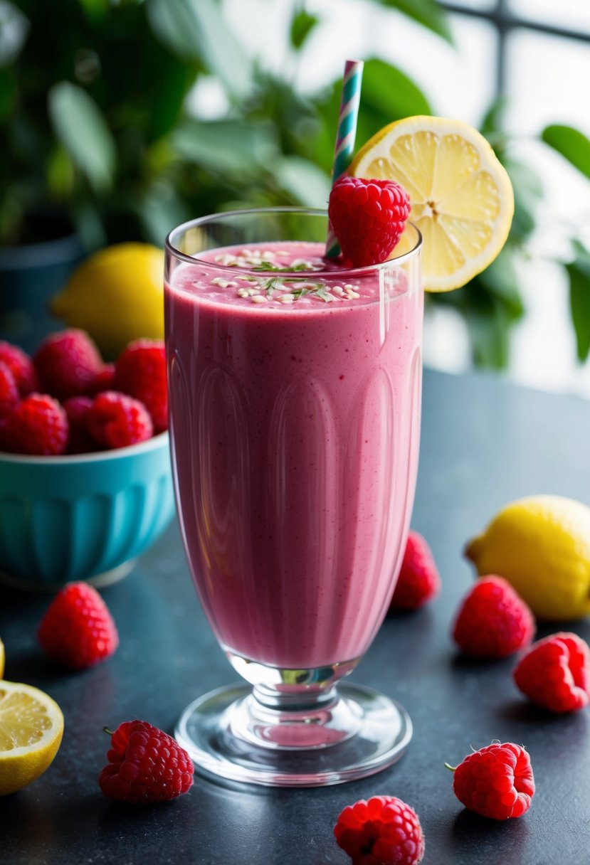 A glass filled with a vibrant pink smoothie surrounded by fresh raspberries and lemons, with a hint of greenery in the background