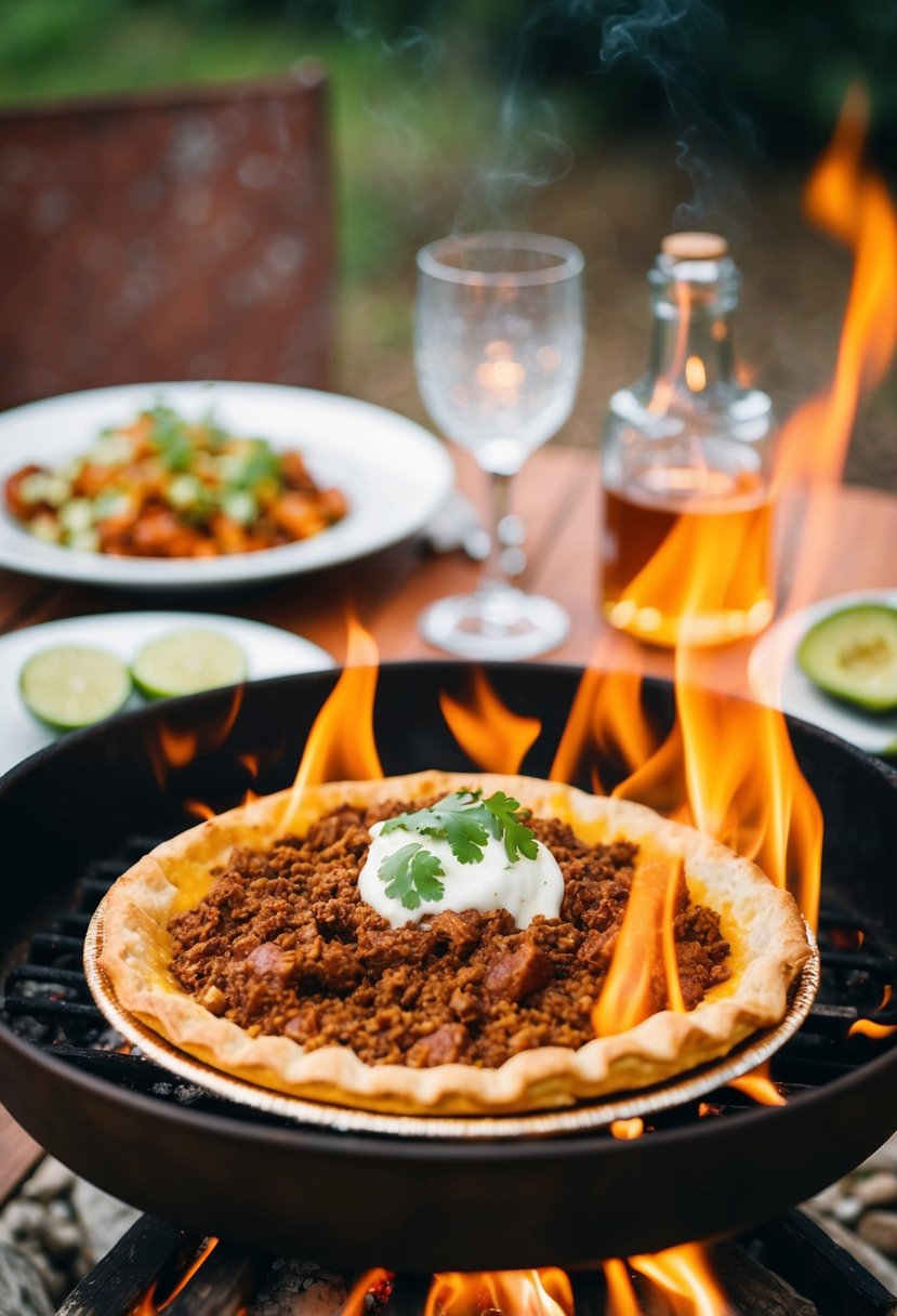 A beef taco pudgy pie sizzling over a campfire, surrounded by a rustic outdoor dinner setting