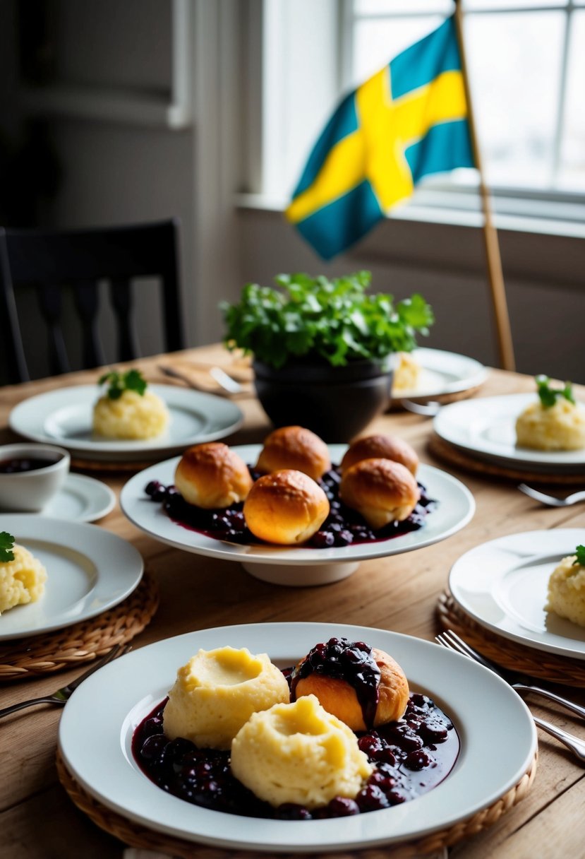 A table set with a spread of köttbullar, lingonberry sauce, and mashed potatoes, with a traditional Swedish flag in the background