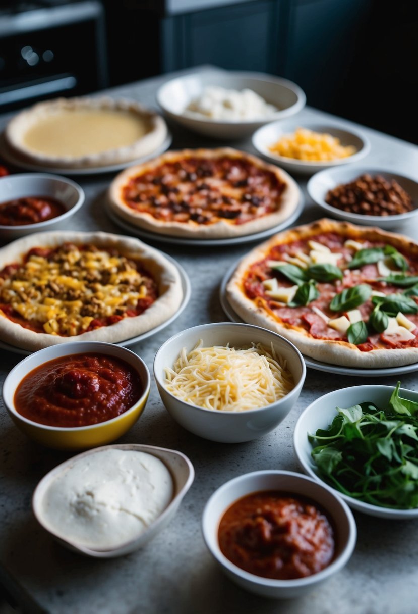 A table set with various ingredients for making pizza pudgy pies, including dough, cheese, sauce, and an assortment of toppings