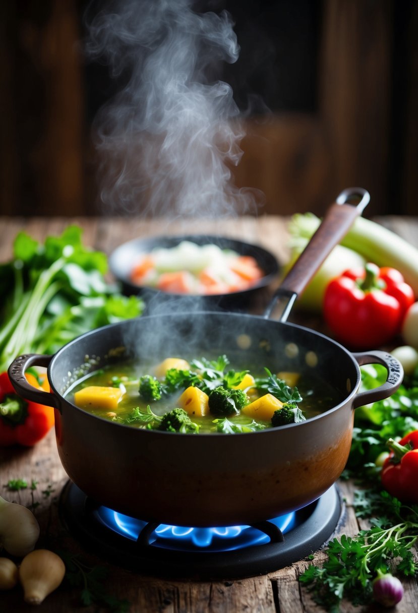 A steaming pot of Kalops simmers on a rustic wooden stove, surrounded by fresh vegetables and herbs