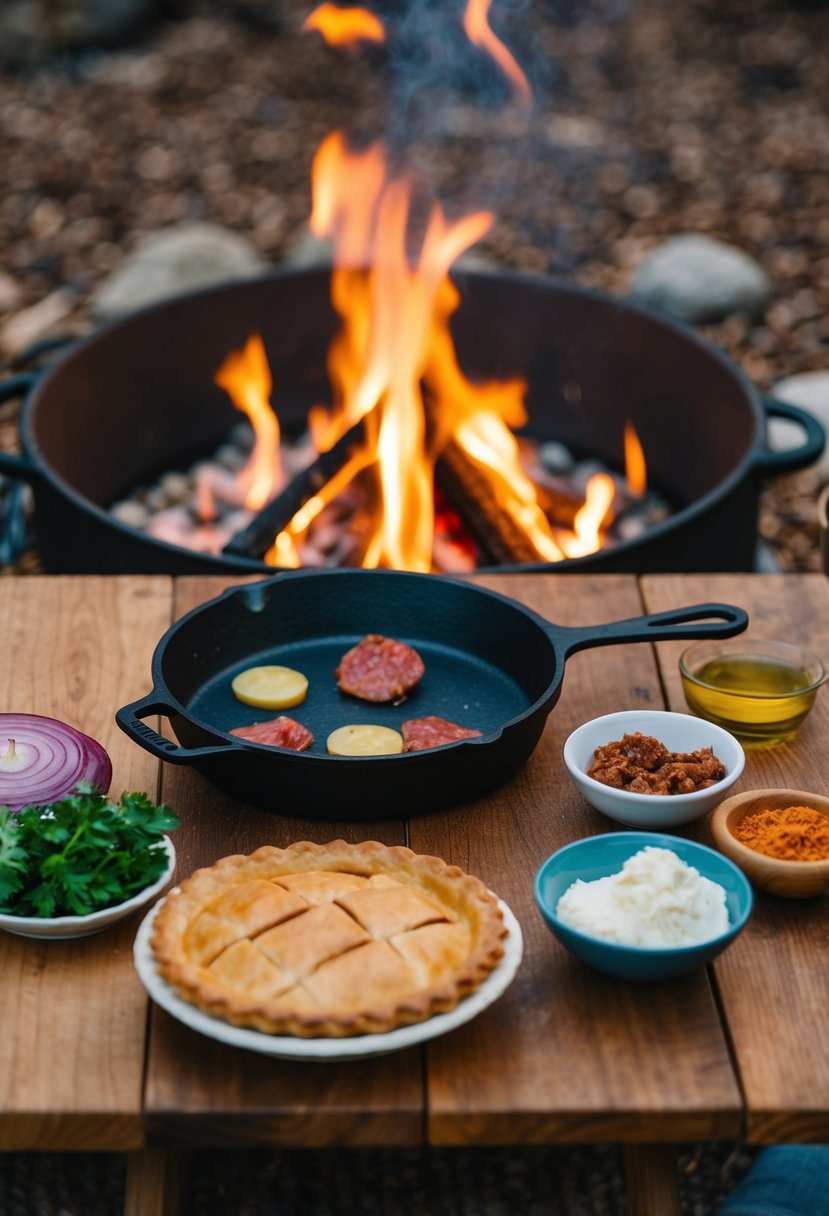 A cozy campfire with a pudgy pie iron and ingredients for Reuben pudgy pies laid out on a wooden table