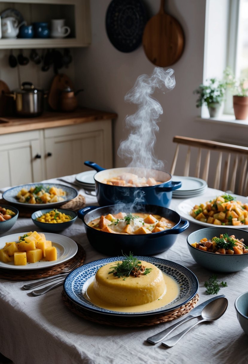 A rustic kitchen table set with a spread of Swedish dishes, including a steaming dish of Jansson's Temptation, surrounded by traditional Scandinavian decor