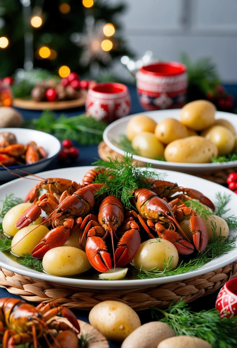 A table set with boiled crayfish, dill, and potatoes, surrounded by festive decorations and traditional Swedish food