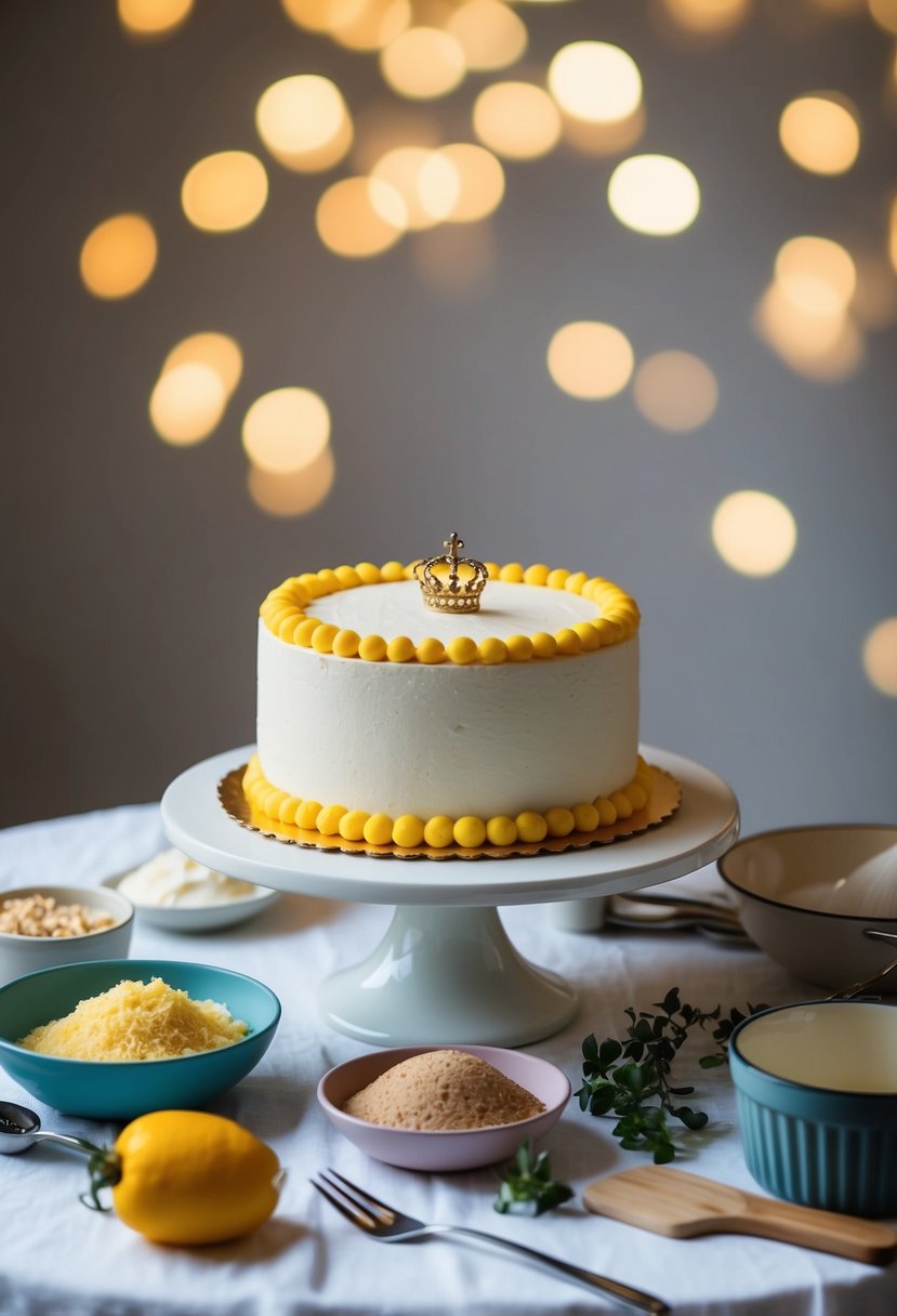 A table set with a traditional Swedish Princess Cake, surrounded by ingredients and utensils