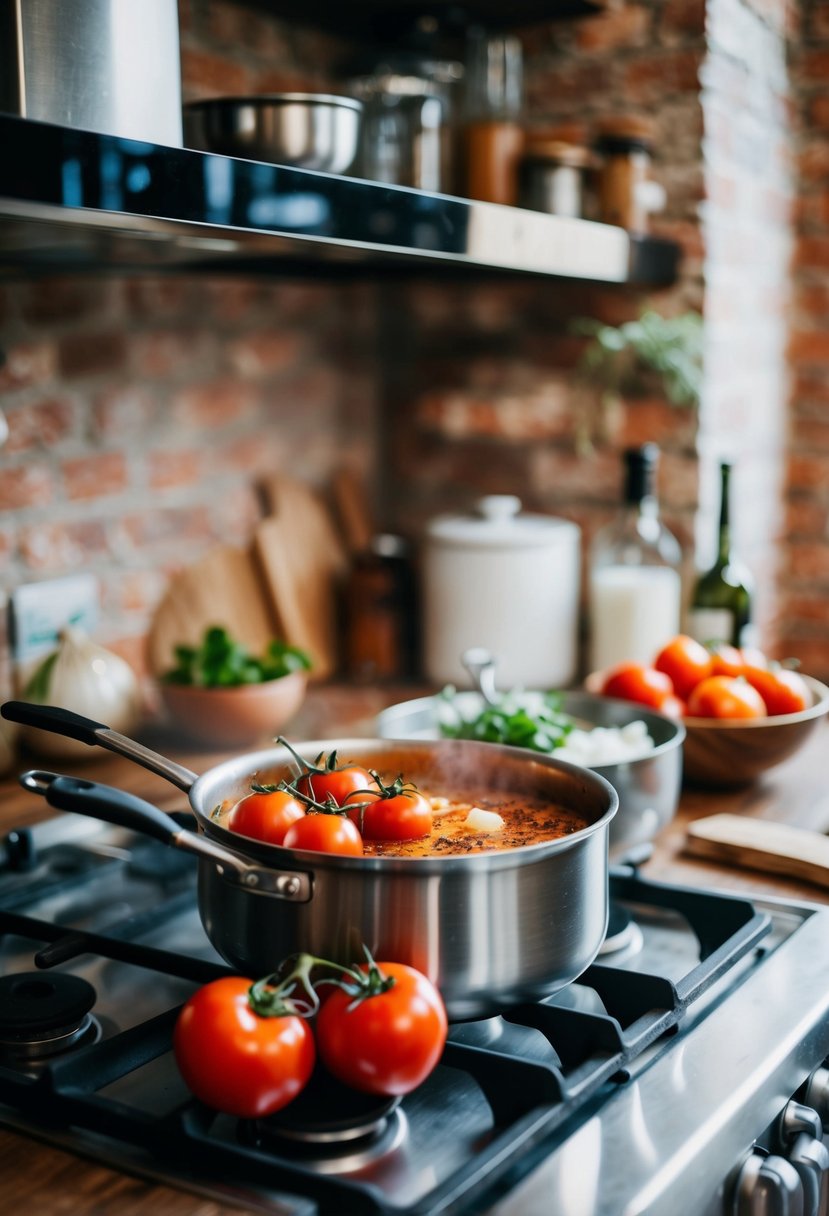 A rustic kitchen with fresh tomatoes, onions, spices, and a simmering pot on the stove