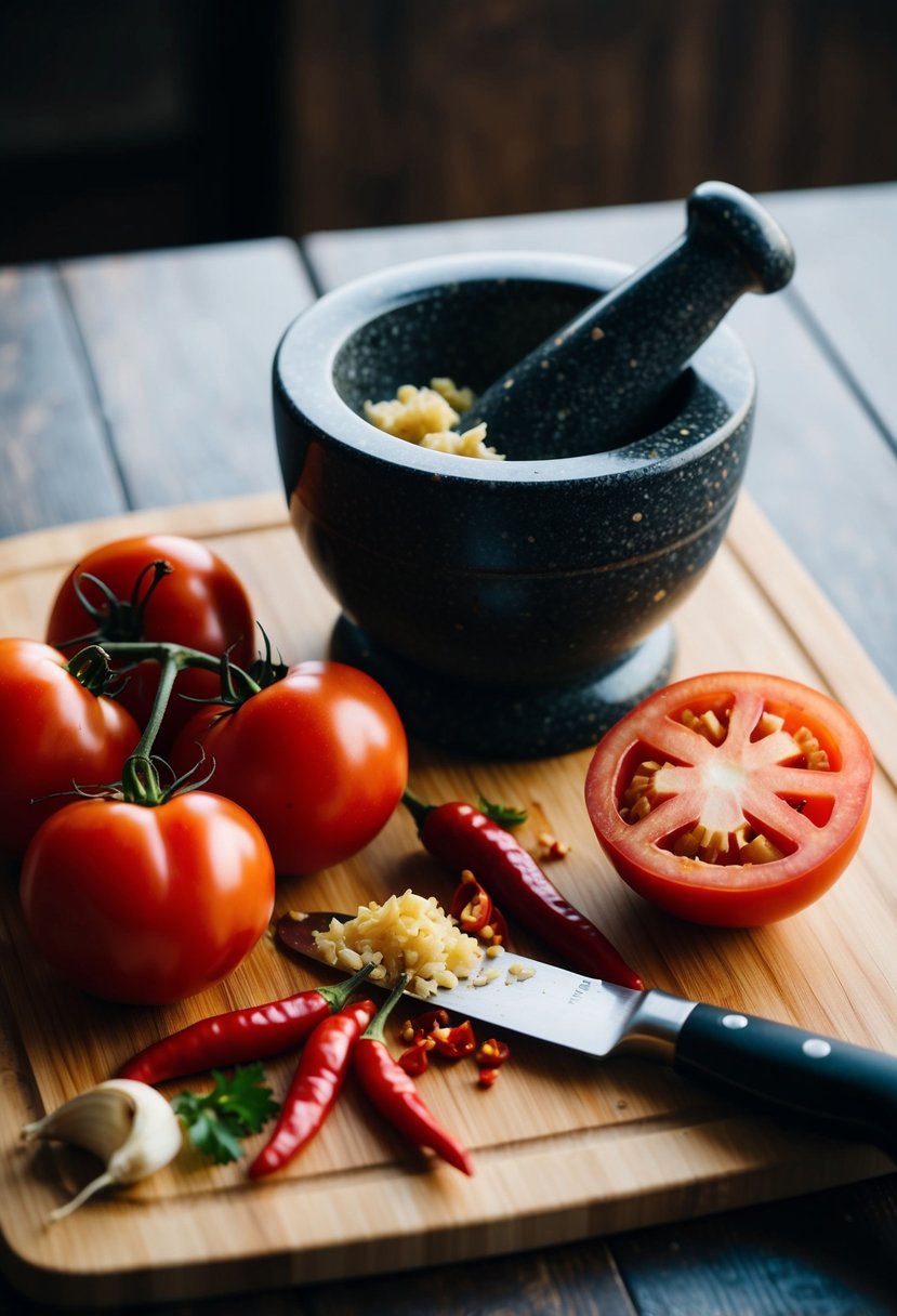 A mortar and pestle crushing garlic and red chili peppers, while ripe tomatoes sit on a cutting board ready to be chopped for spicy garlic tomato chutney