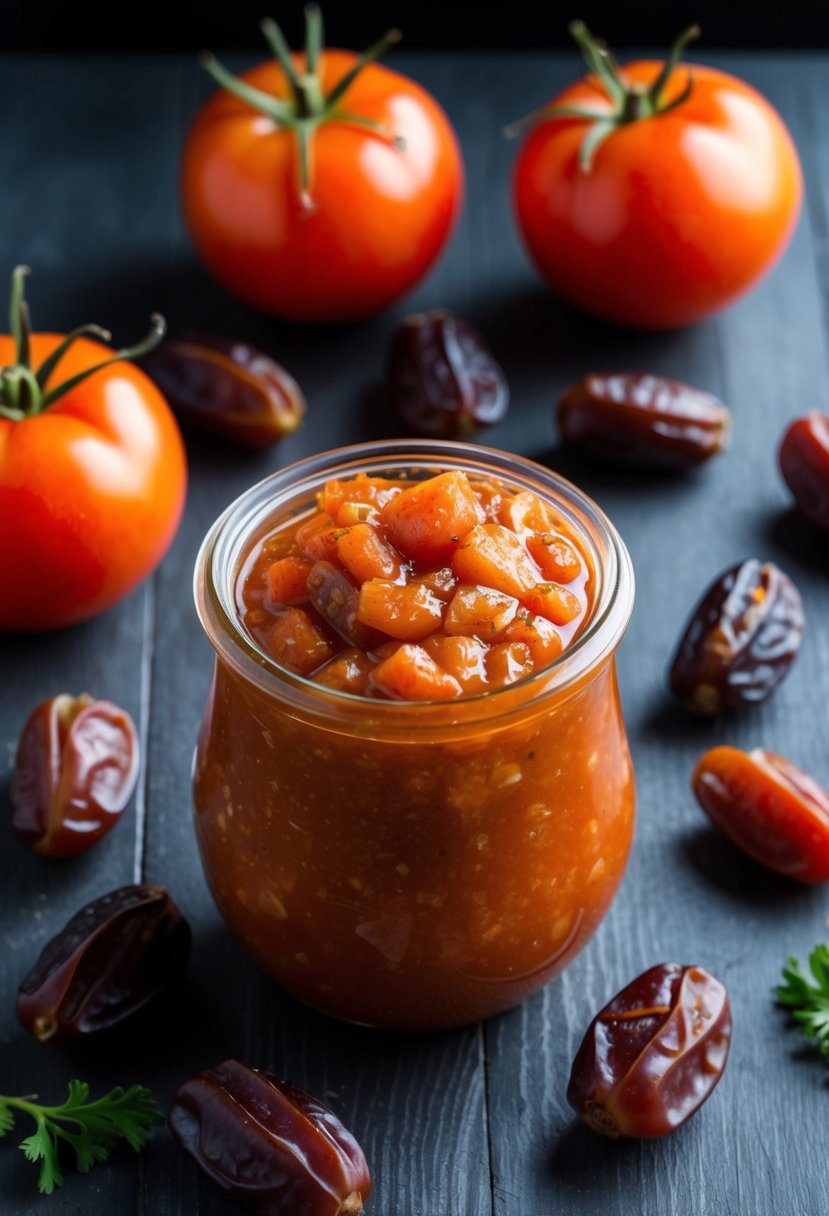 A jar of sweet and tangy tomato date chutney surrounded by fresh tomatoes and dates