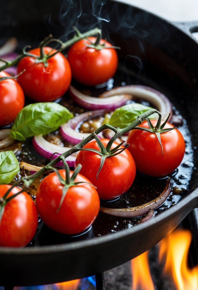 Fresh tomatoes, onions, and basil being roasted on a skillet over an open flame