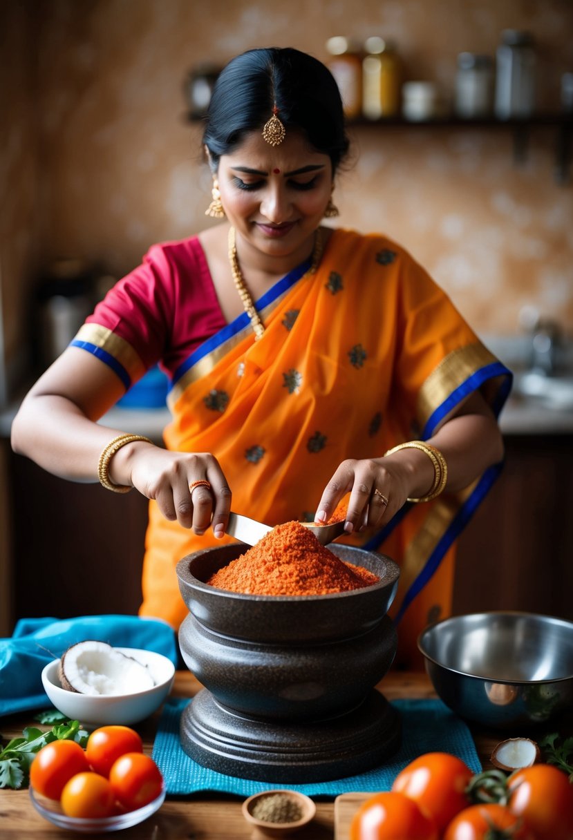 A South Indian woman grinds fresh tomatoes and coconut with aromatic spices in a traditional stone grinder to make tomato chutney