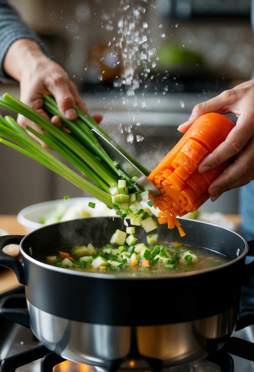 A pot of vegetables being chopped and added to a boiling pot of broth