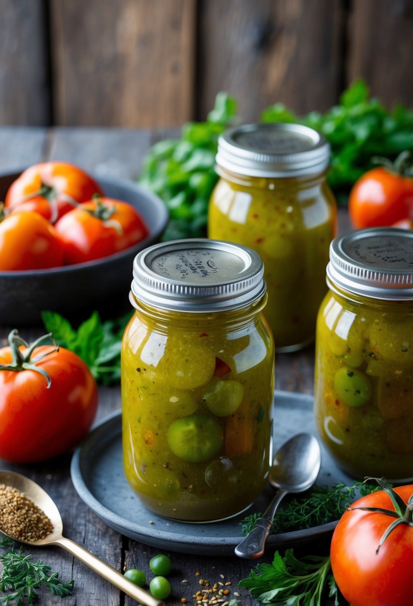 A rustic kitchen table with jars of tangy green tomato chutney, surrounded by fresh tomatoes, herbs, and spices