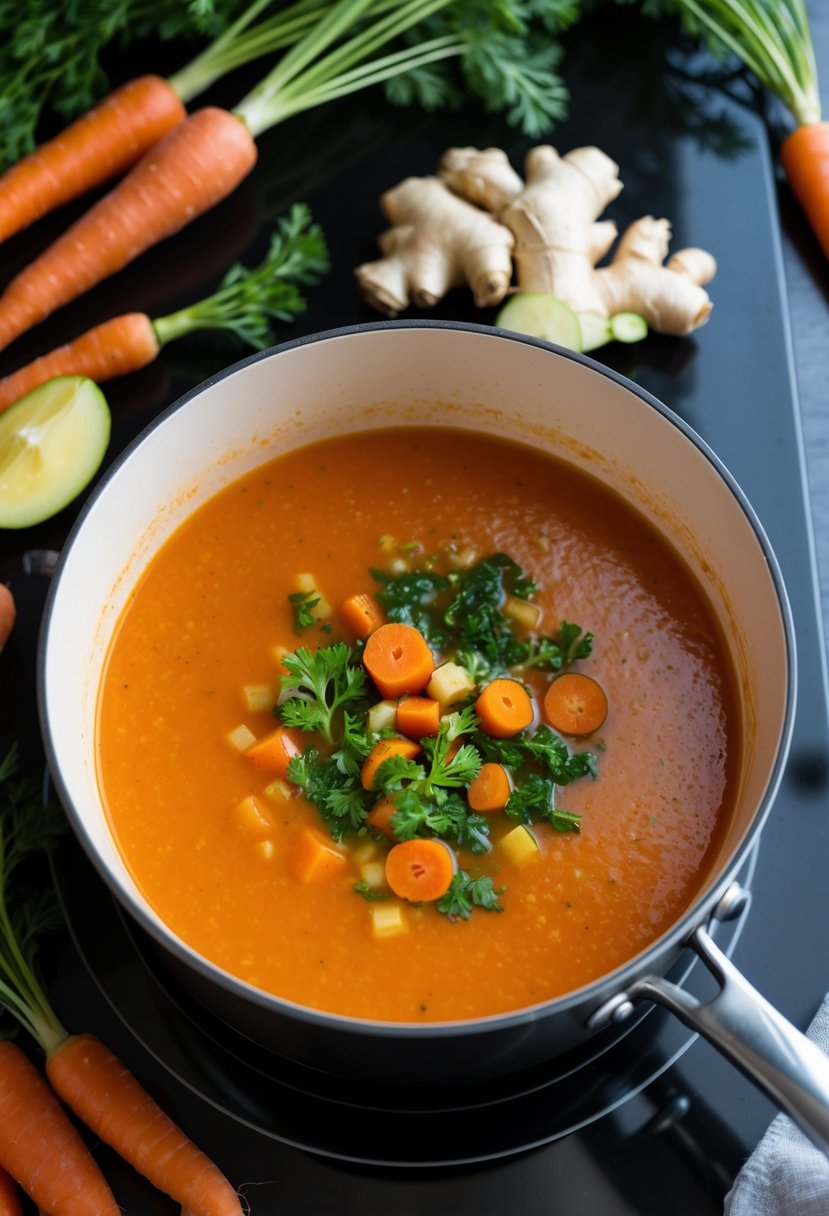 A pot of carrot and ginger soup simmers on a stovetop, surrounded by fresh carrots, ginger, and other colorful vegetables