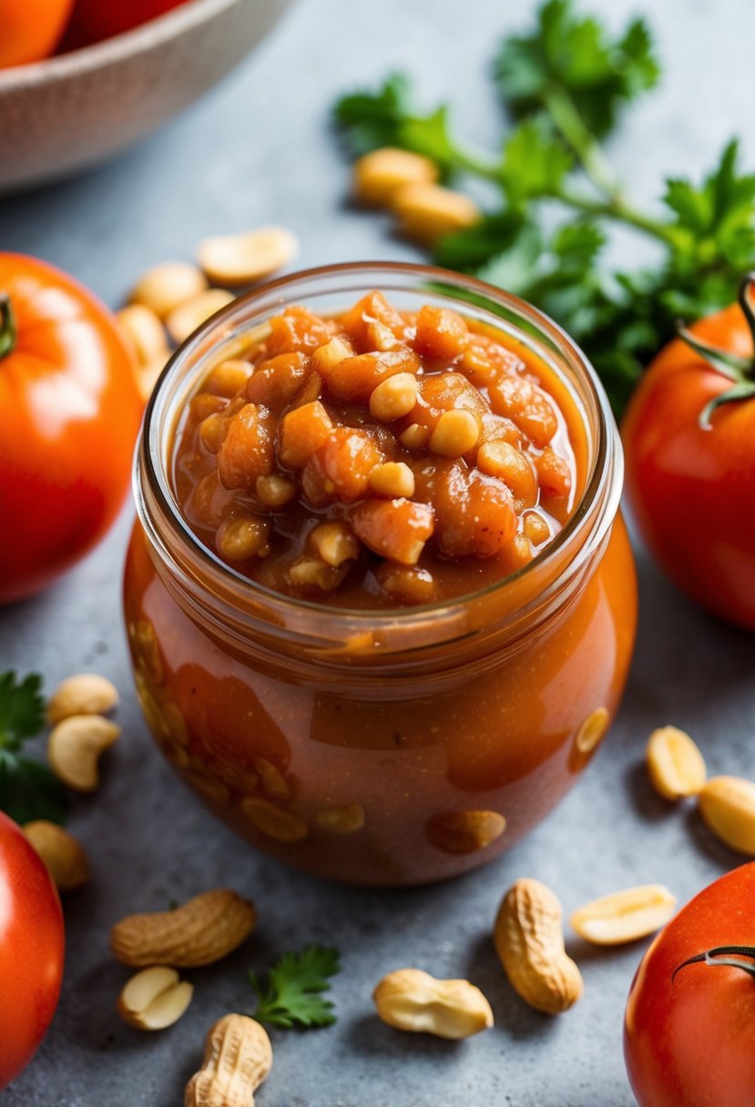 A jar of Peanut and Tomato Chutney surrounded by fresh tomatoes and peanuts