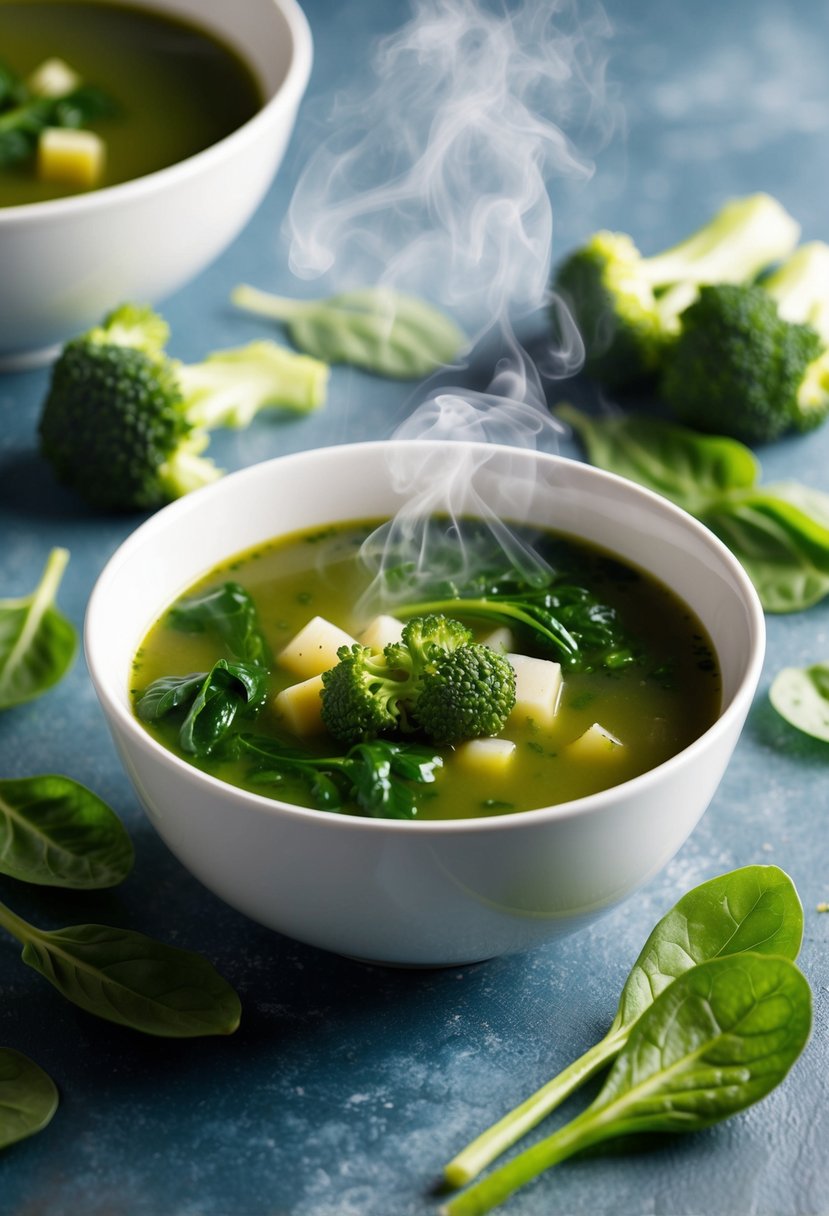 A steaming bowl of green vegetable soup surrounded by fresh spinach and broccoli