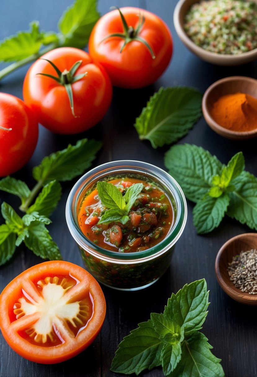 A table with fresh tomatoes, mint leaves, and spices laid out for making minty tomato chutney