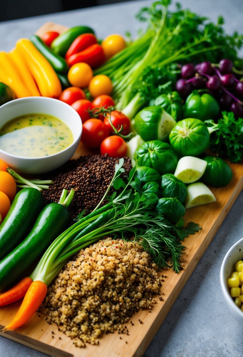 A colorful assortment of fresh vegetables, quinoa, and herbs arranged on a wooden cutting board. A bowl of dressing sits nearby