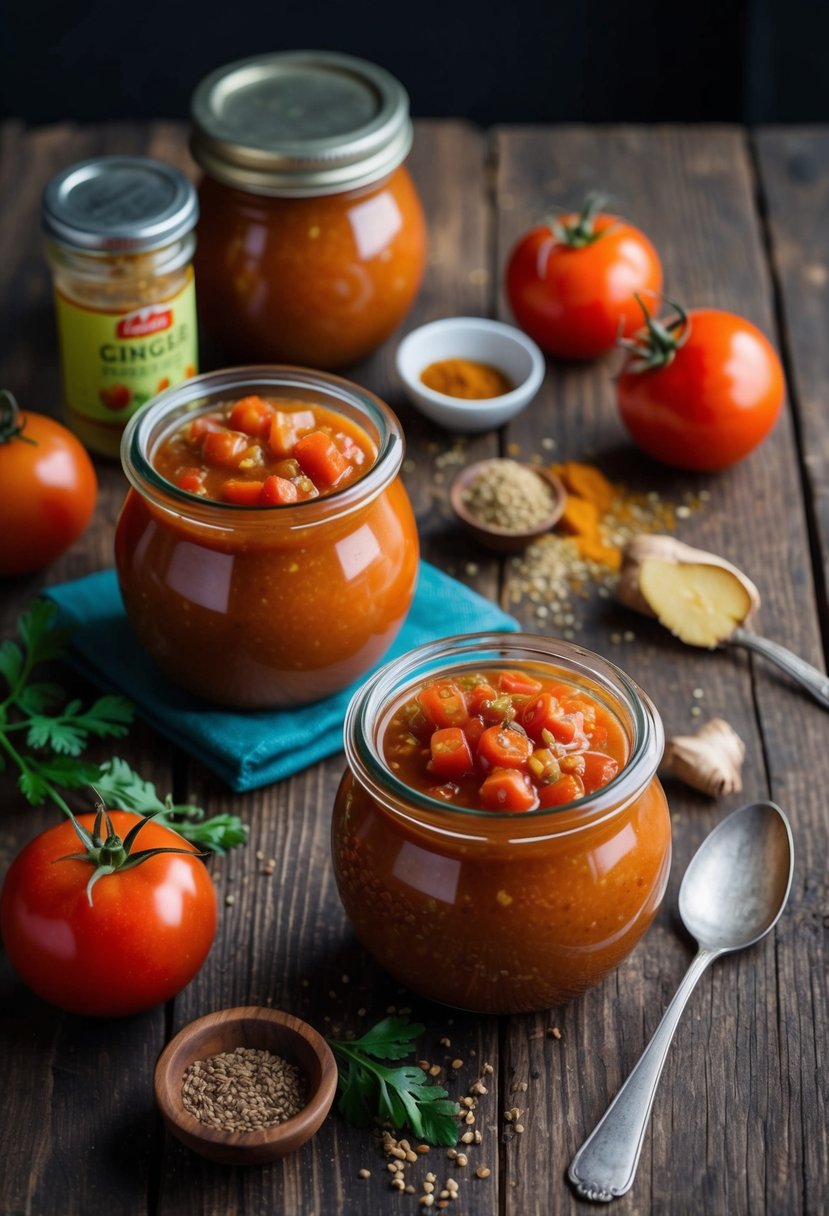 A rustic wooden table with jars of ginger tomato chutney, fresh tomatoes, and aromatic spices scattered around