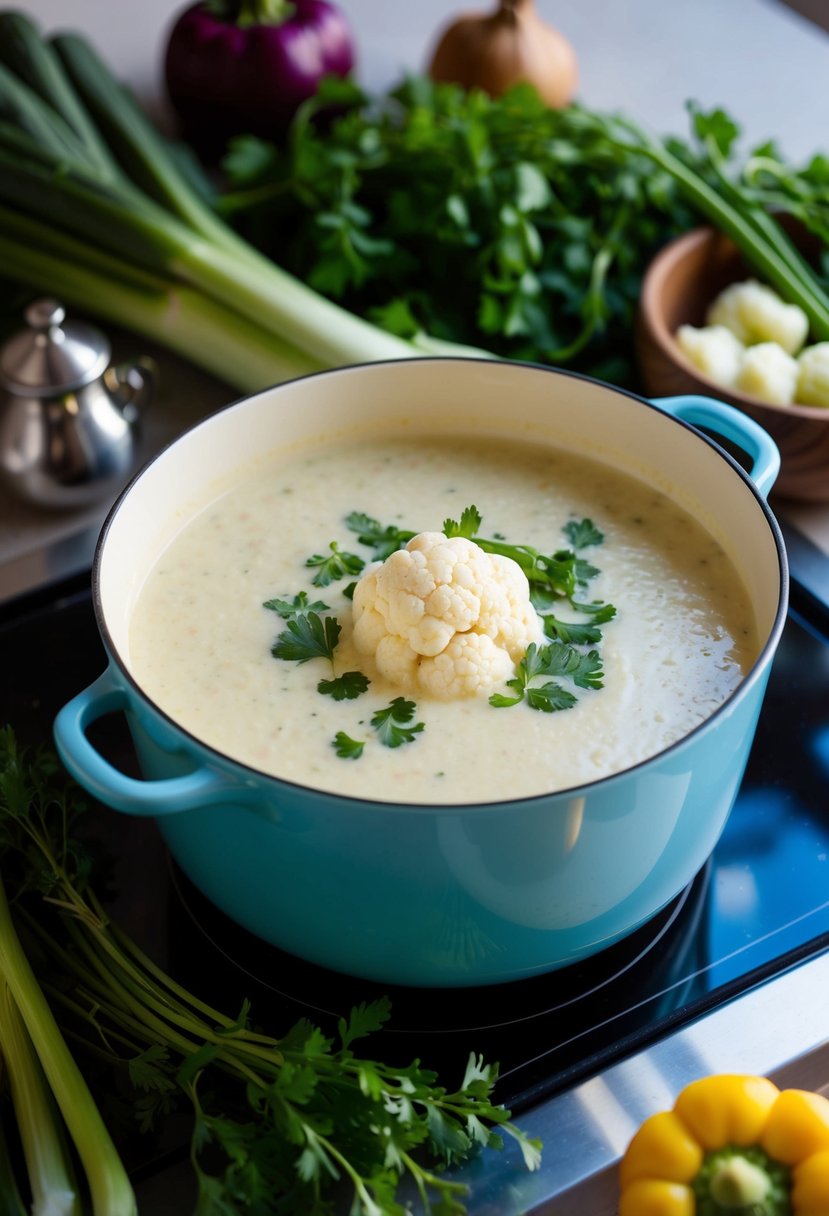 A pot of creamy cauliflower soup simmering on a stove, surrounded by fresh vegetables and herbs