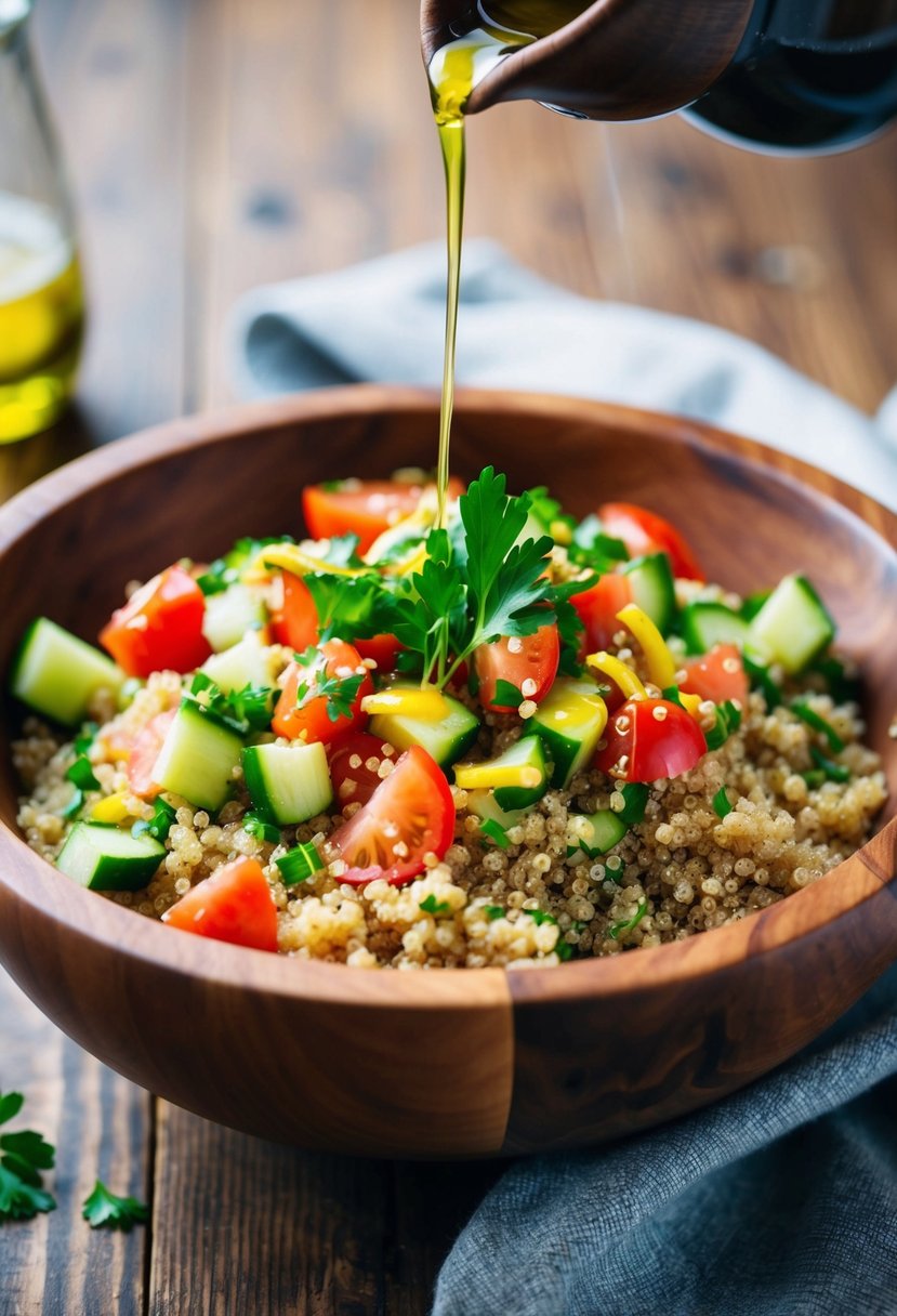 A wooden bowl filled with quinoa, chopped tomatoes, cucumbers, and parsley, drizzled with olive oil and lemon juice, sitting on a rustic table