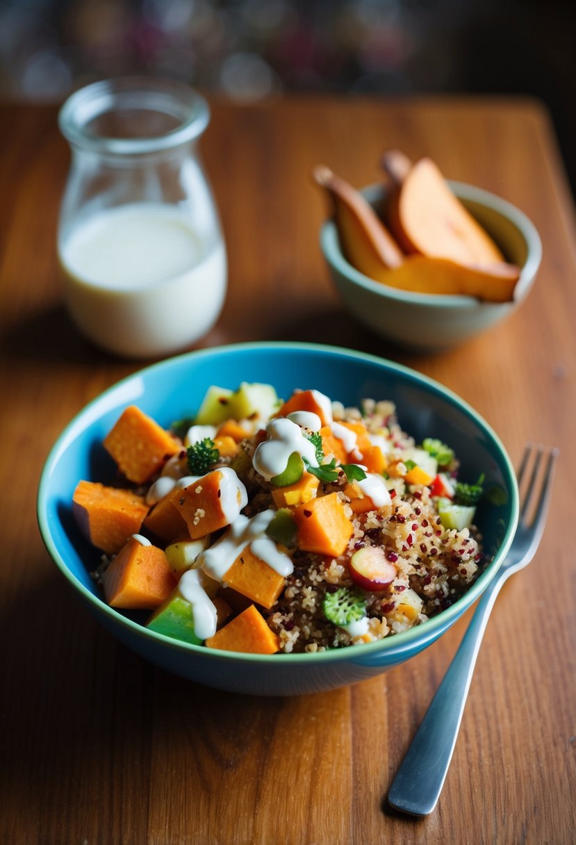 A colorful bowl of quinoa salad with sweet potatoes, mixed vegetables, and a drizzle of dressing, sitting on a wooden table