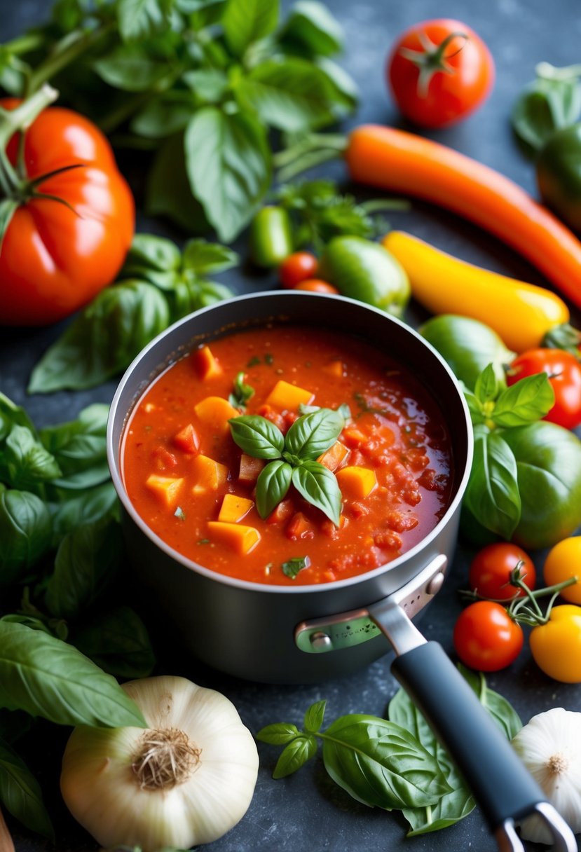 A pot simmering with vibrant red tomato soup, surrounded by fresh basil leaves and a variety of colorful vegetables