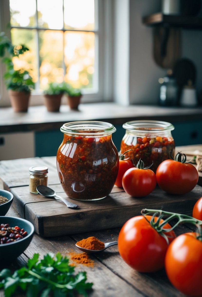 A rustic kitchen table with jars of sun-dried tomato chutney, fresh tomatoes, and spices scattered around