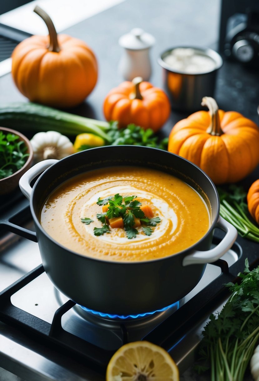 A pot of creamy pumpkin coconut soup simmers on a stovetop, surrounded by fresh vegetables and herbs