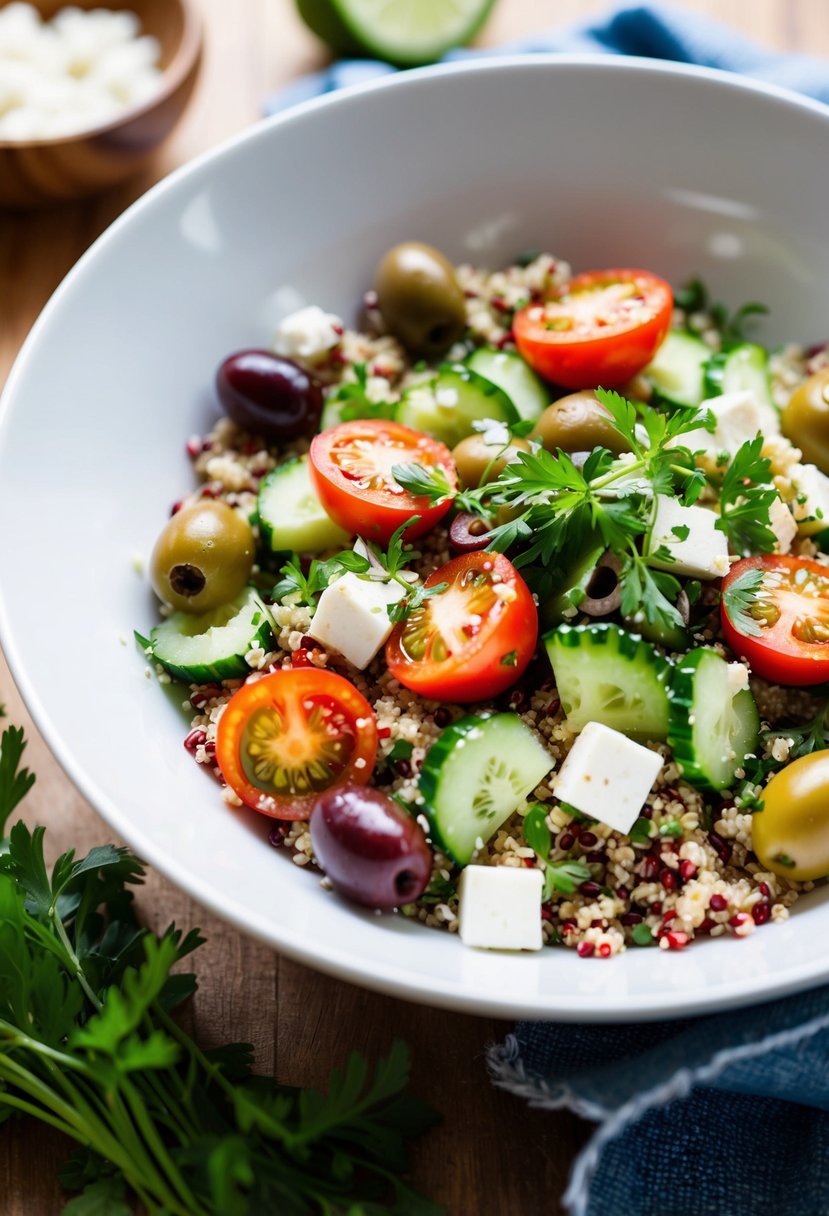 A vibrant bowl filled with quinoa, cherry tomatoes, cucumber, olives, feta cheese, and fresh herbs, drizzled with a tangy vinaigrette